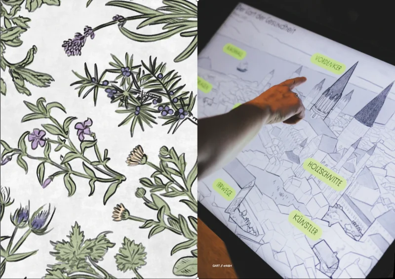 Spread: an illustration of lavender and juniper on the left, a photo of the &raquo;Der Gart der Gesundheit&laquo; media station on the right