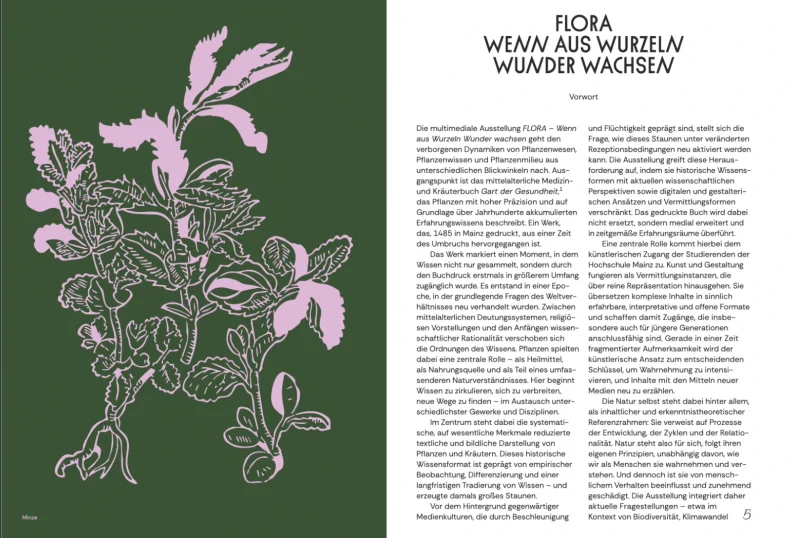 Spread: a pink plant illustration on dark green on the left, the foreword text on the right