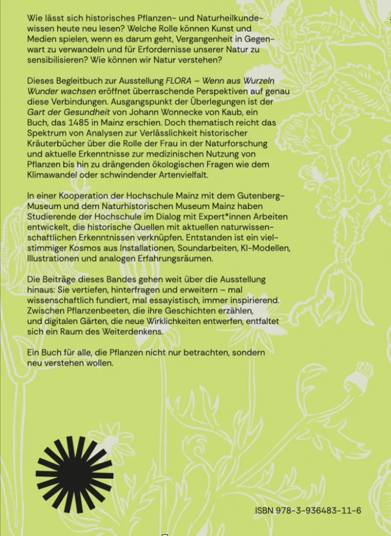 Back cover on light green with the blurb about the publication, the Flora emblem and the ISBN 978-3-936483-11-6