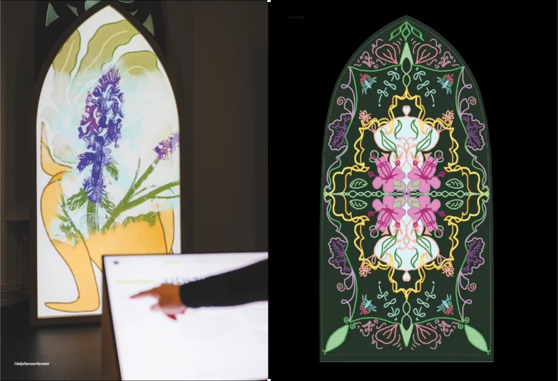 Spread with two pointed-arch window motifs, a bright projection on the left, a floral ornament on dark green on the right
