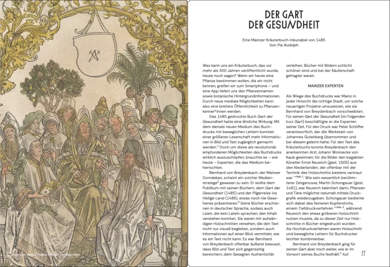 Chapter opening &raquo;Der Gart der Gesundheit&laquo; by Pia Rudolph, with a coloured woodcut from the 1485 herbal on the left